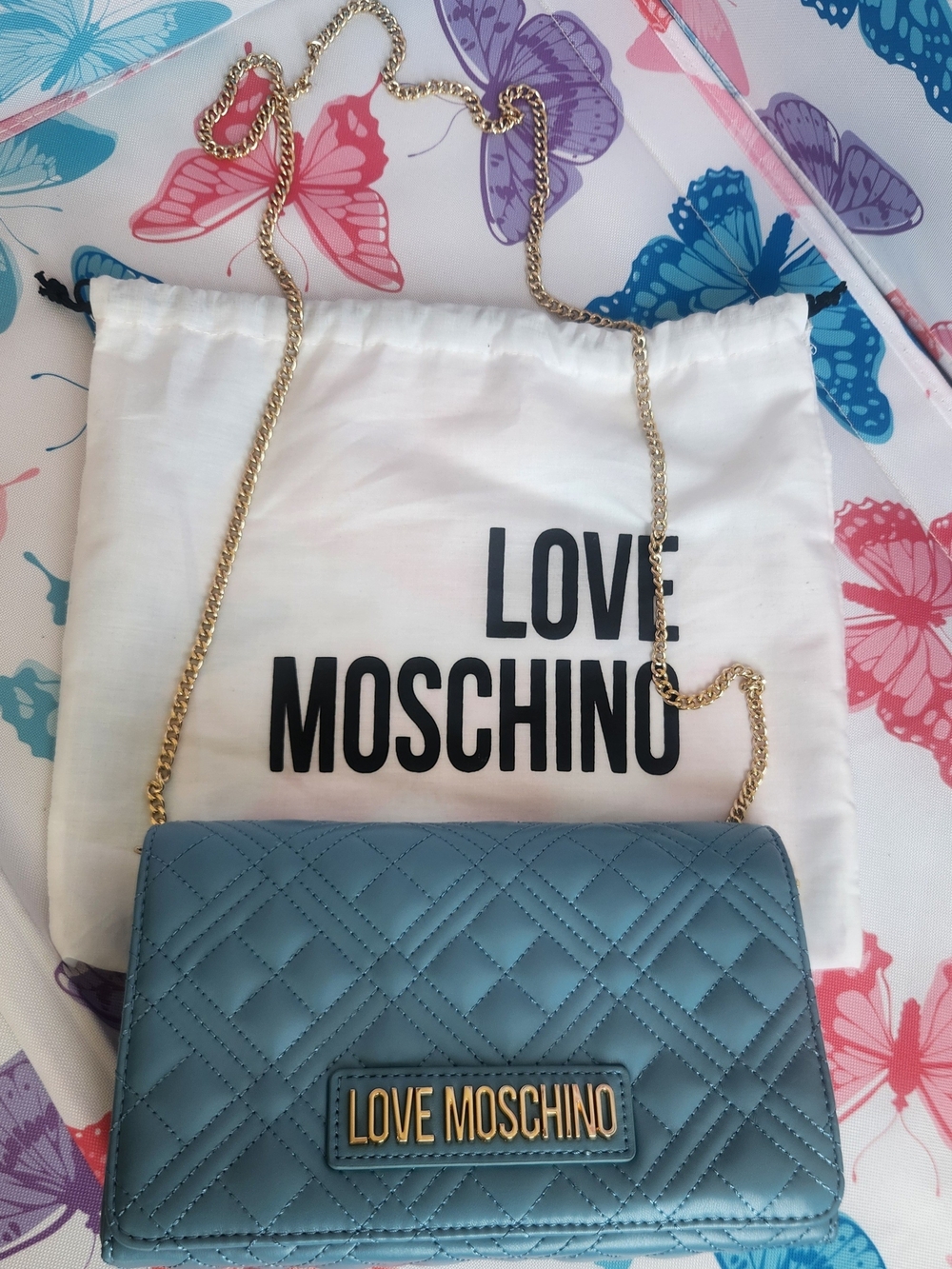 Love Moschino Quilted Light Blue Crossbody with Gold Chain
